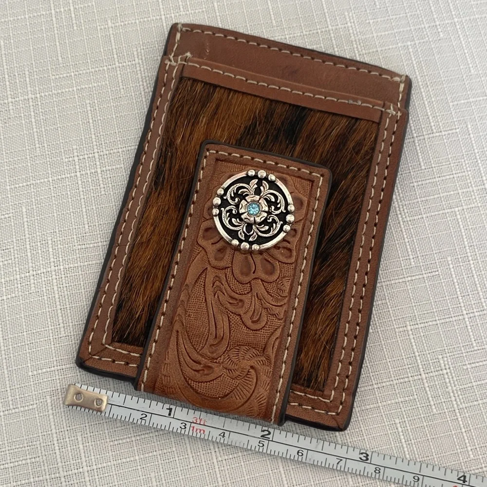 Western Genuine Leather & Cow Hair Money Clip Wallet - New
